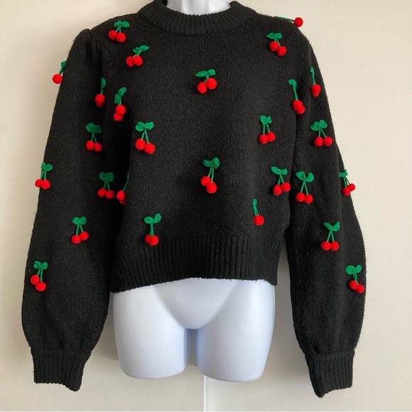 Farm Rio Black Cherry Adorned Crewneck Pullover Sweater, Sz M *See Description* - Picture 3 of 16